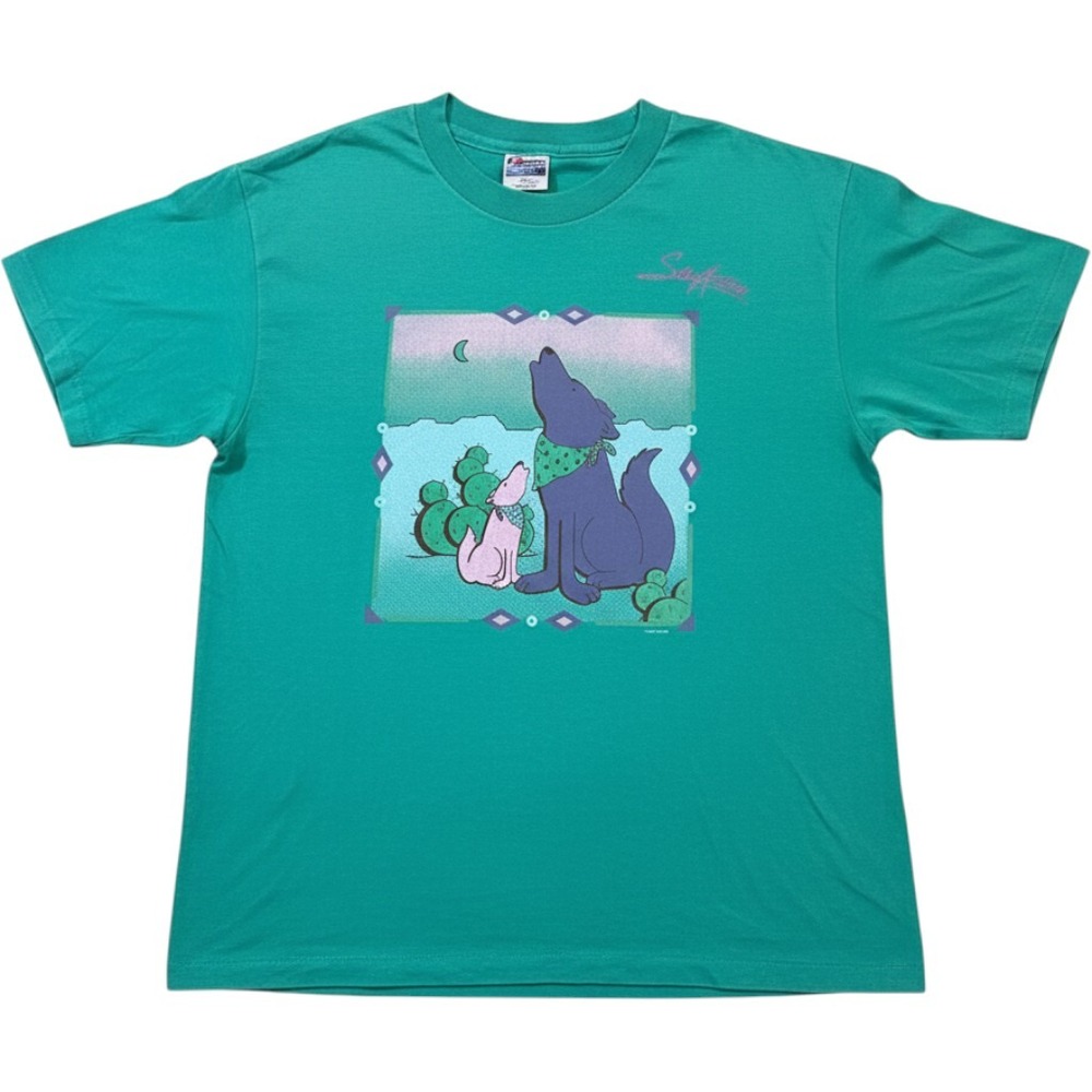 Vintage‎ 1992 Hanes Fifty-Fifty San Antonio Wolf Cactus T-Shirt Teal Green Large